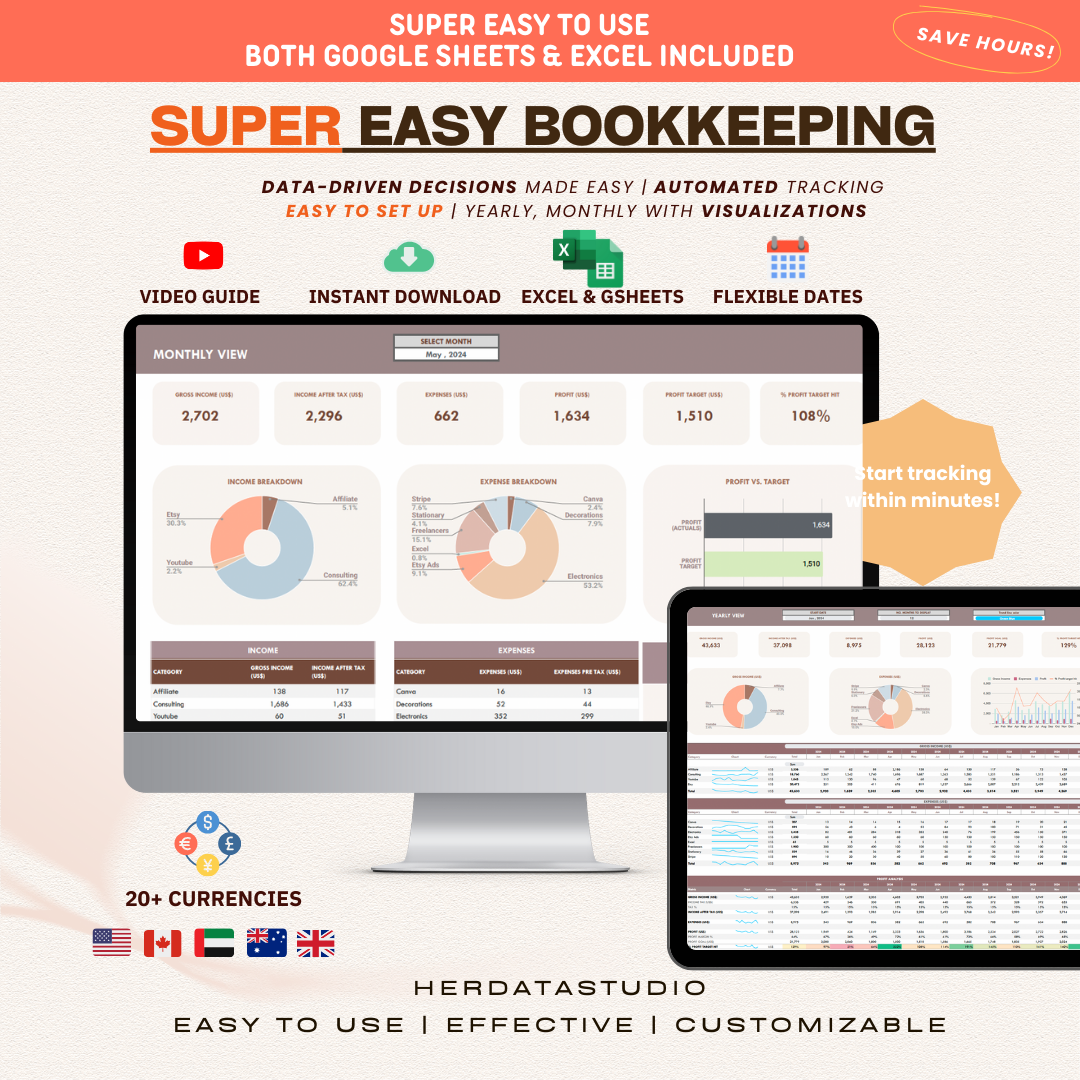 herdatastudio, her data studio, easy bookkeeping template excel google sheets, simple bookkeeping accounting, small business bookkeeping, beginner bookkeeping spreadsheet, bookkeeping report, income and expense tracker, profit analysis, dashboard, profit target tracker report