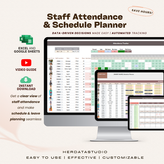 herdatastudio, her data studio, Staff Attendance Tracker,  Schedule Planner, Employee Schedule template, agents schedule leave, Attendance Management , group practice, customer service attendance, agent tracker, staff scorecard, google sheets, excel, leave planner, pto planner