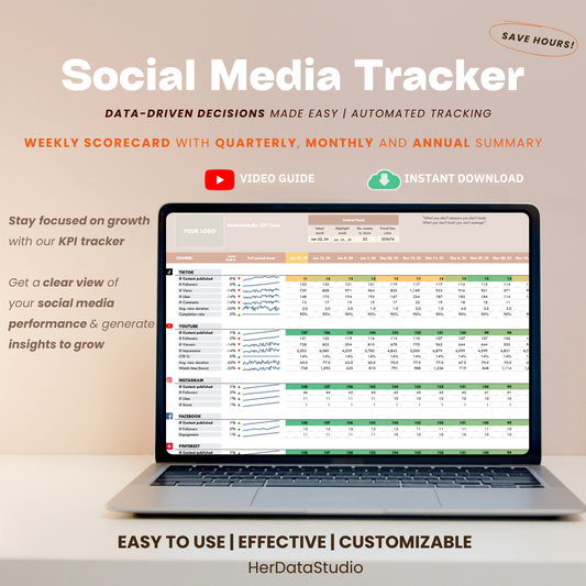 herdatastudio, her data studio, marketing dashboard, social media tracker, social media kpi report, organic marketing, facebook instangram tiktok pinterest youtube, content creation management, social media dashboard, google sheets, excel, social media digital marketing, automation