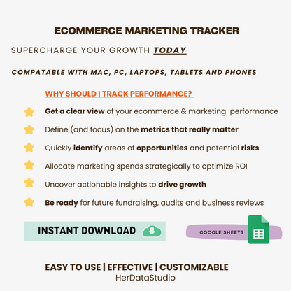 herdatastudio, her data studio, ecommerce marketing tracker, shopify sales tracking, performance kpi dashboard, google sheets template, roas optimization, growth marketing template, adspend kpi template, manage adspends, ecommerce kpi, performance marketing