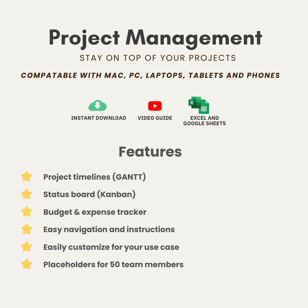 project planner template, project management tool, project timeline, project kanban, project tracker, project budget tracking, project management spreadsheet, google sheets, excel, project kpi automation, project dashboard