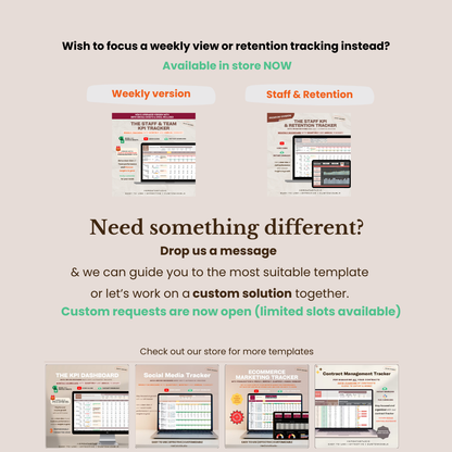 herdatastudio, her data studio, Staff Team KPI Tracker, monthly, quarterly, annual, performance targets, employee performance report, google sheets template, staff goal tracker, staff performance, employee performance, group practice, customer service kpi, therapist business metric